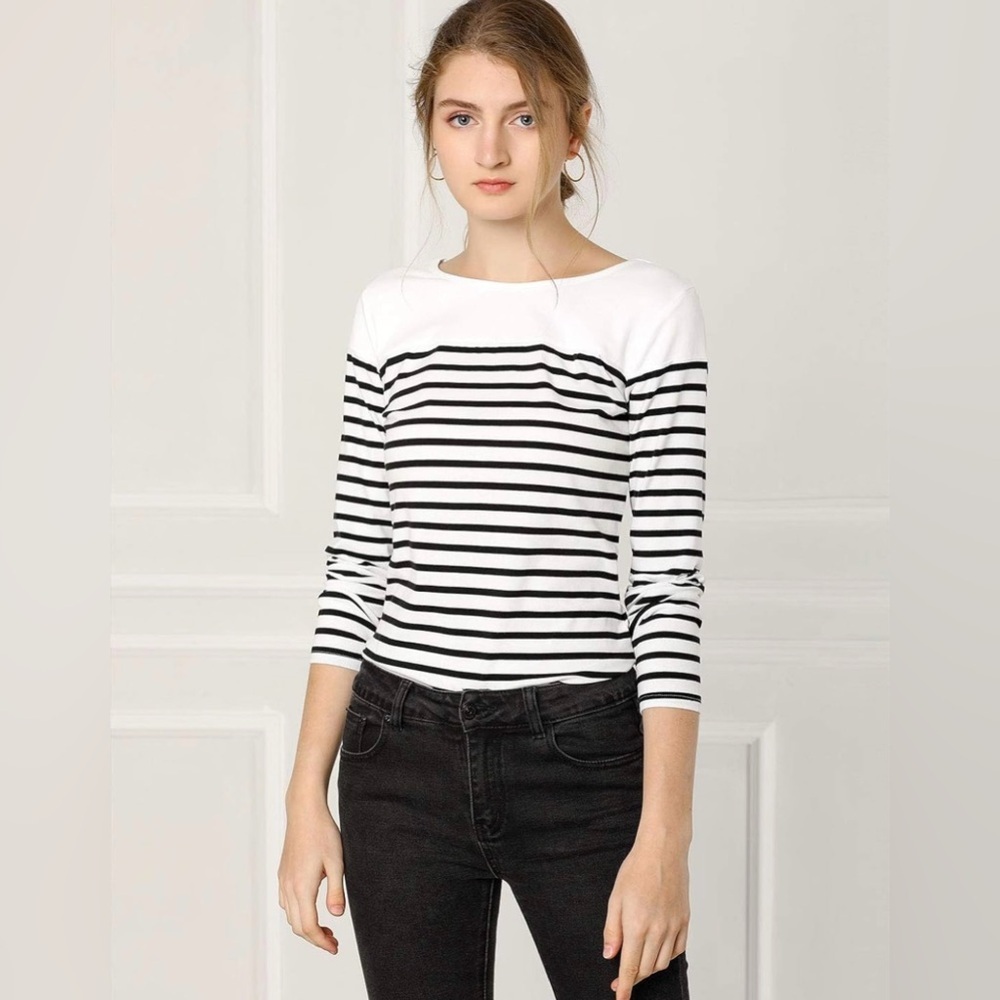 Allegra K Black & White Striped Long Sleeve Knit Top Size Medium